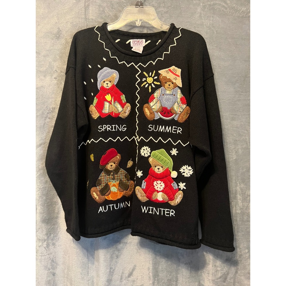 PBJ Sport Teddy‎ Bear Four Seasons Knit Sweater Black Novelty Size Large